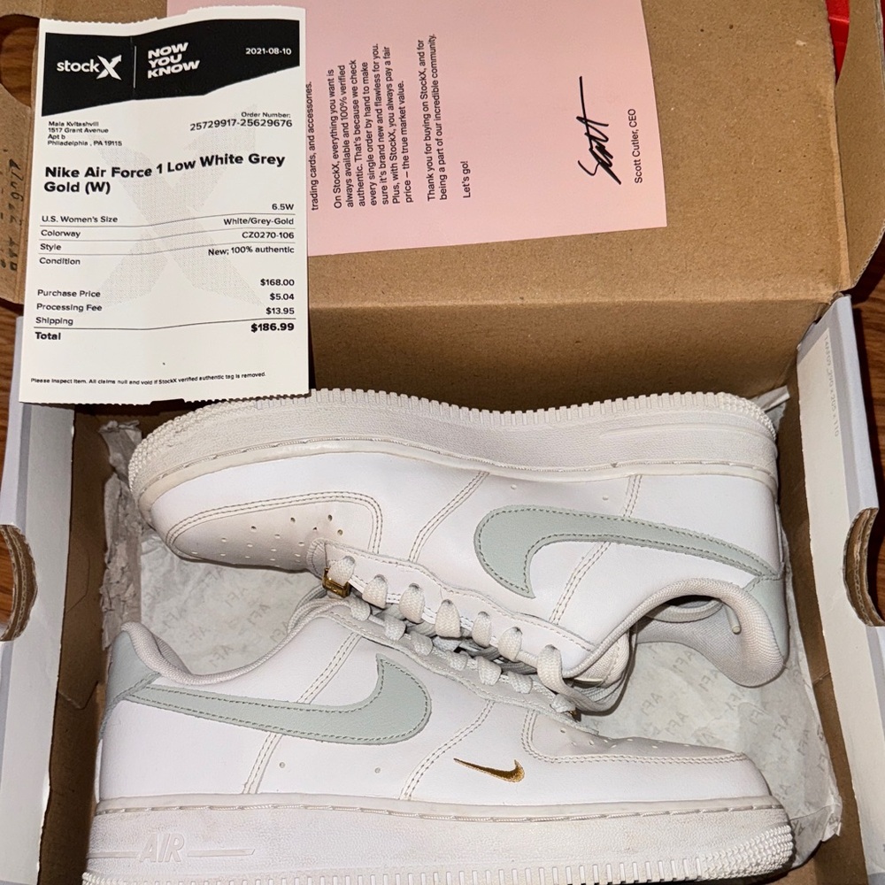 Nike Air Force 1 Low White with Gold and Gray Accents